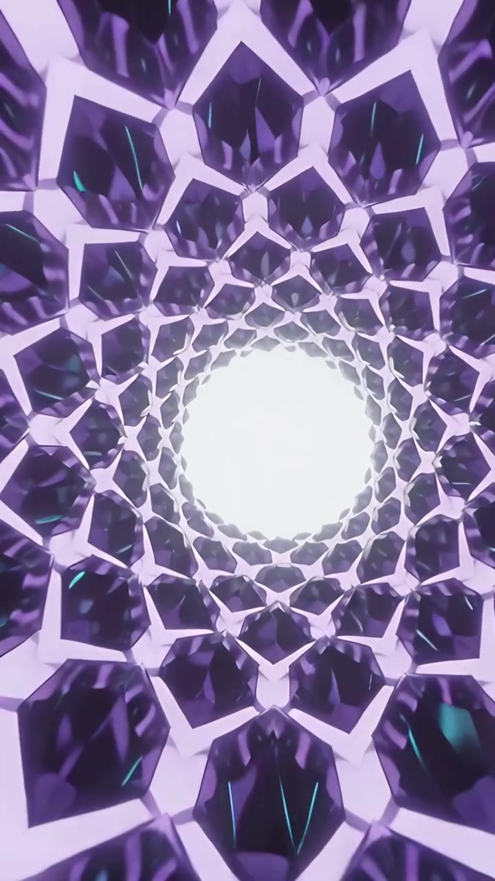 Video verticale: Telecamera che si muove in un tunnel a reticolo viola verso un nucleo bianco luminoso, rivelando sfaccettature color verde acqua.