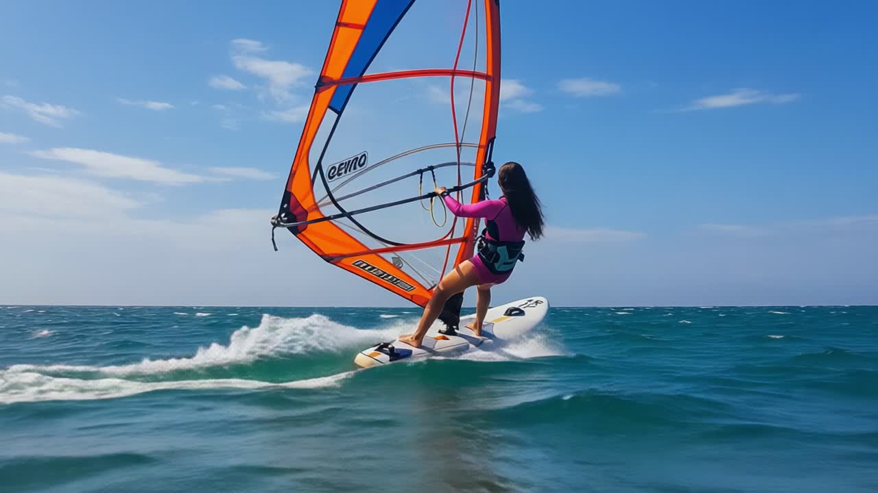 Dynamic Windsurfing Action: A Surfer Navigates the Ocean Waves Underneath a Clear Blue Sky, Perfectly Balancing Speed and Skill While Riding the Winds.