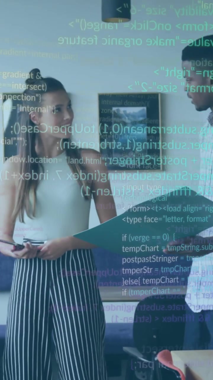 Animation of financial data processing over diverse business people in office
