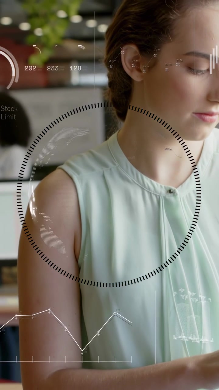 Woman using device, business HUD centering on torso, cycling maps and updating radial meter metrics