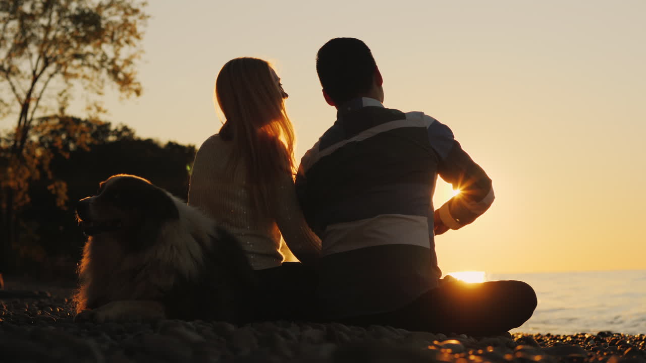 coppia felice e cane al tramonto