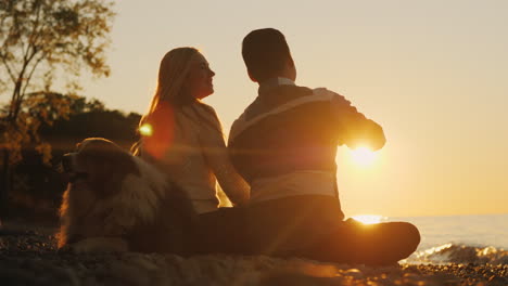 happy couple and dog at sunset