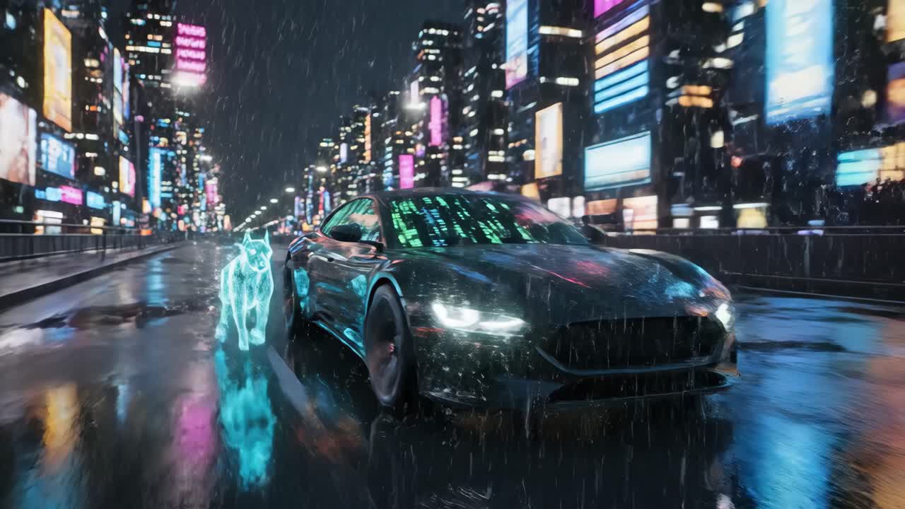 Cyberpunk Hologram Dog in Rainy Cityscape
