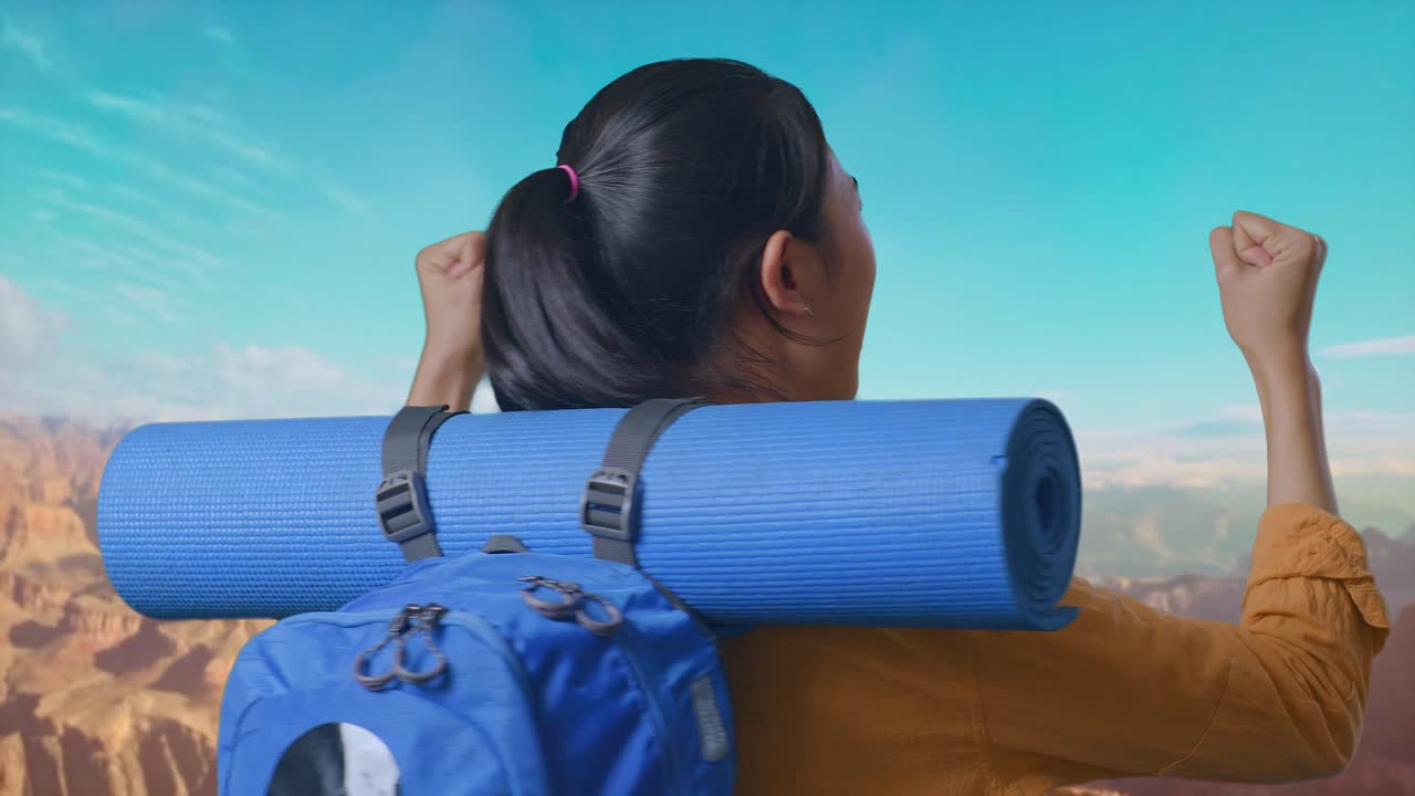 Close Up Back View Of A Female Hiker With Mountaineering Backpack Screaming Goal Celebrating The Success While Traveling At The Top Of Mountain