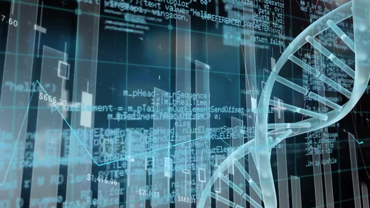 Animation of data processing and dna strand on black background