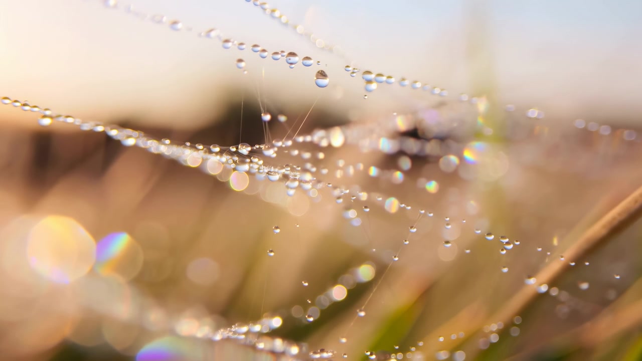 Vista ravvicinata di una delicata ragnatela tesa sull'erba in un campo illuminato dal sole. La luce mattutina dall'alto a destra evidenzia minuscole goccioline d'acqua sulla seta