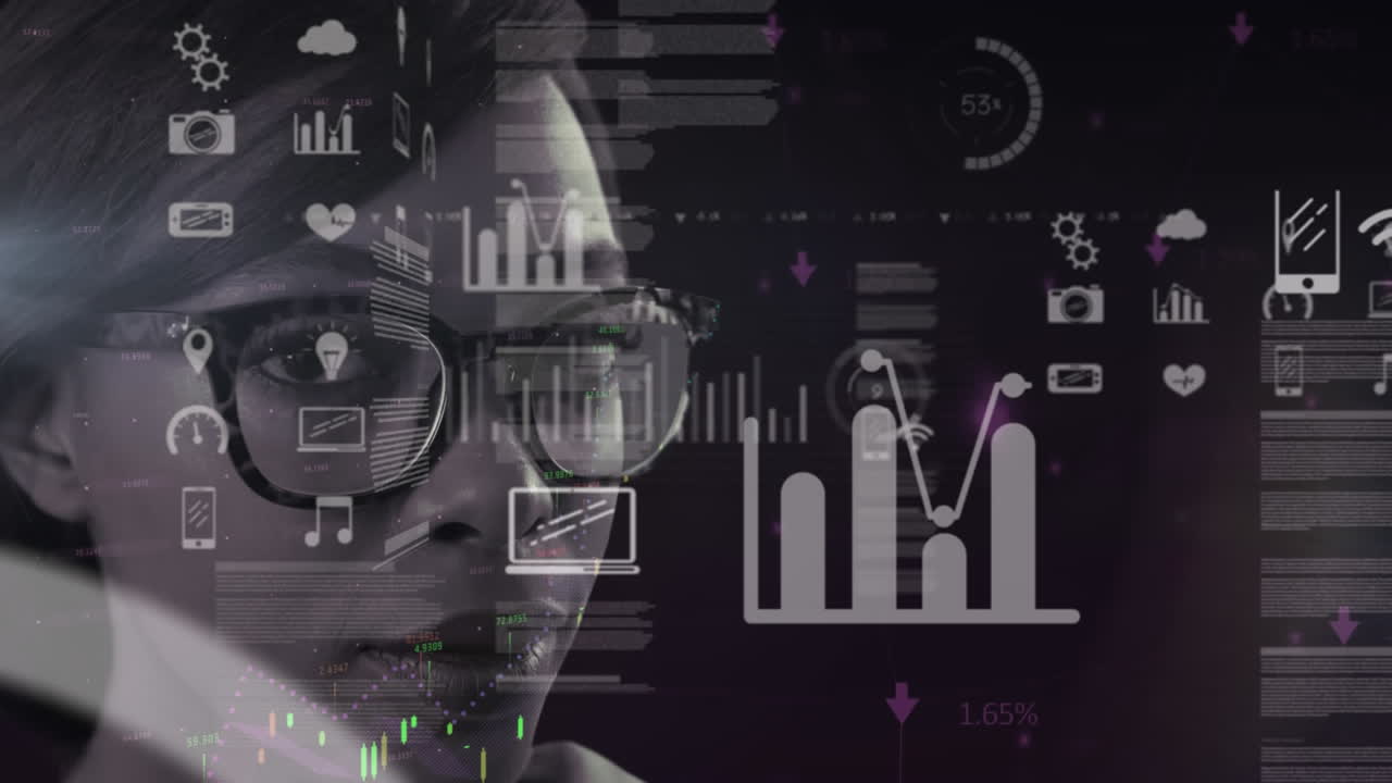 interfaz digital con procesamiento de datos contra el retrato de la mujer