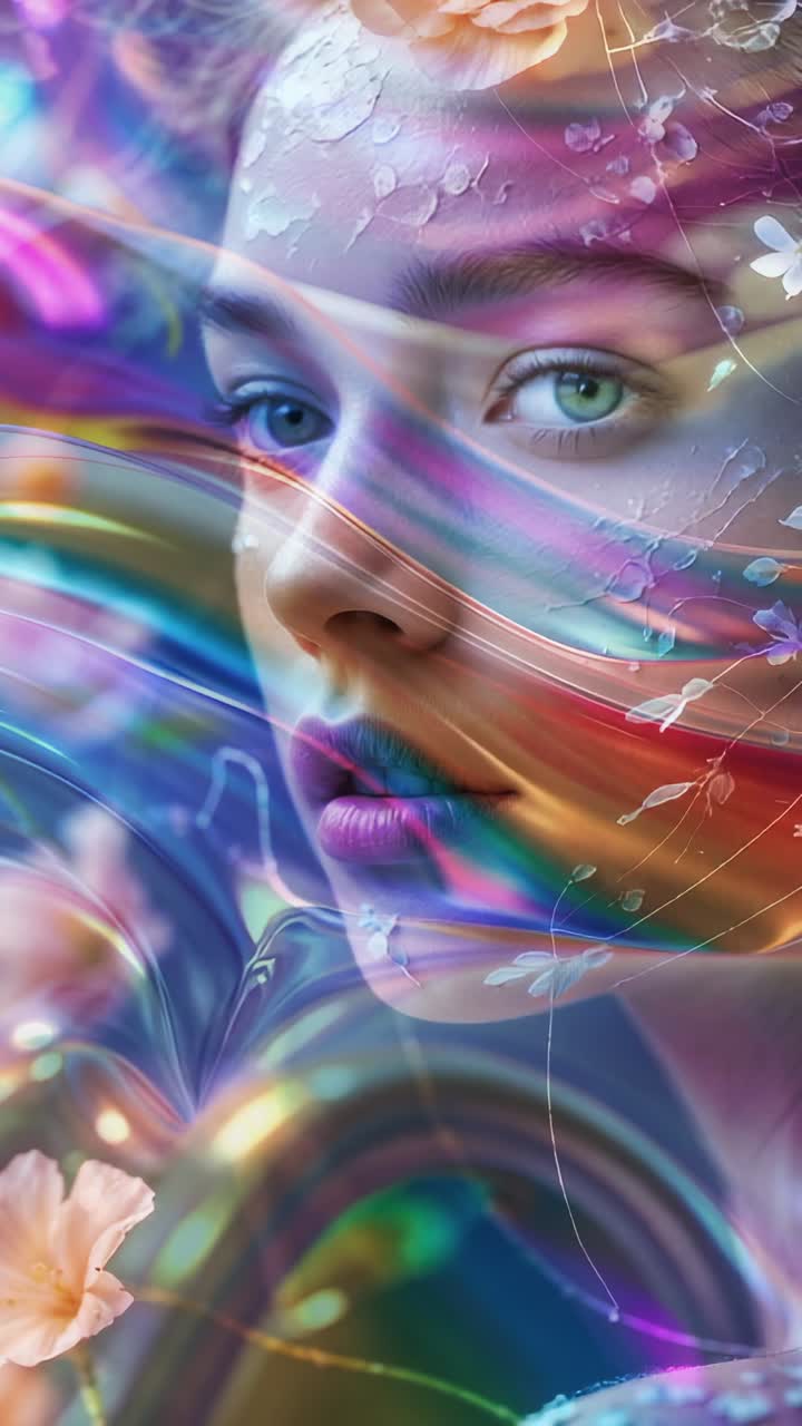 Vertical video: Sliding ribbons crossing face fading with petals drifting around crown in backdrop