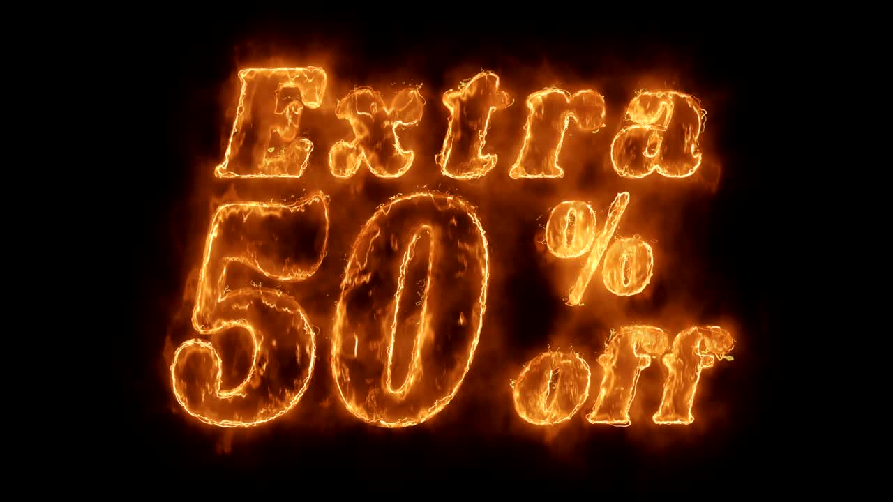 50% extra de descuento en la palabra animada caliente que quema el bucle de llamas de fuego realista.