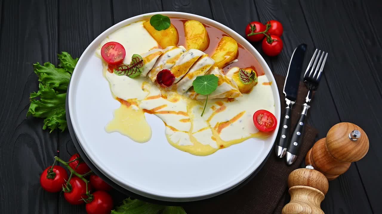 Piatto di dessert delizioso con frutta e salsa su un tavolo di legno scuro. Un piatto di dessert mostra frutta, salsa e foglie su un tavolo di legno scuro