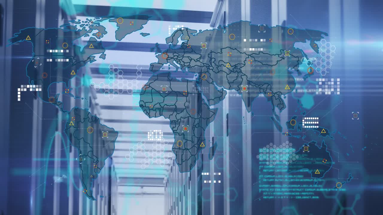 세계 지도의 애니메이션과 컴퓨터 서버를 통한 데이터 처리