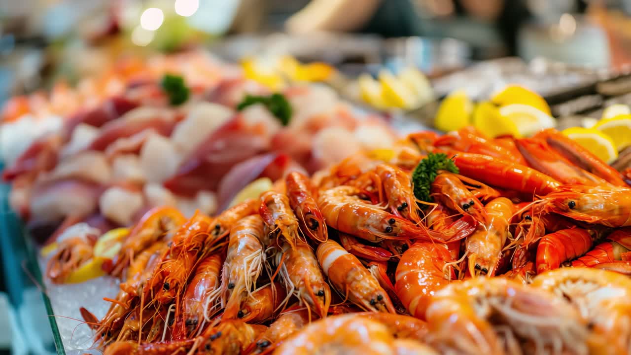 Luxurious seafood buffet featuring succulent shrimps, fresh fish, and bright lemon slices artfully arranged on chilled display, showcasing gourmet culinary presentation