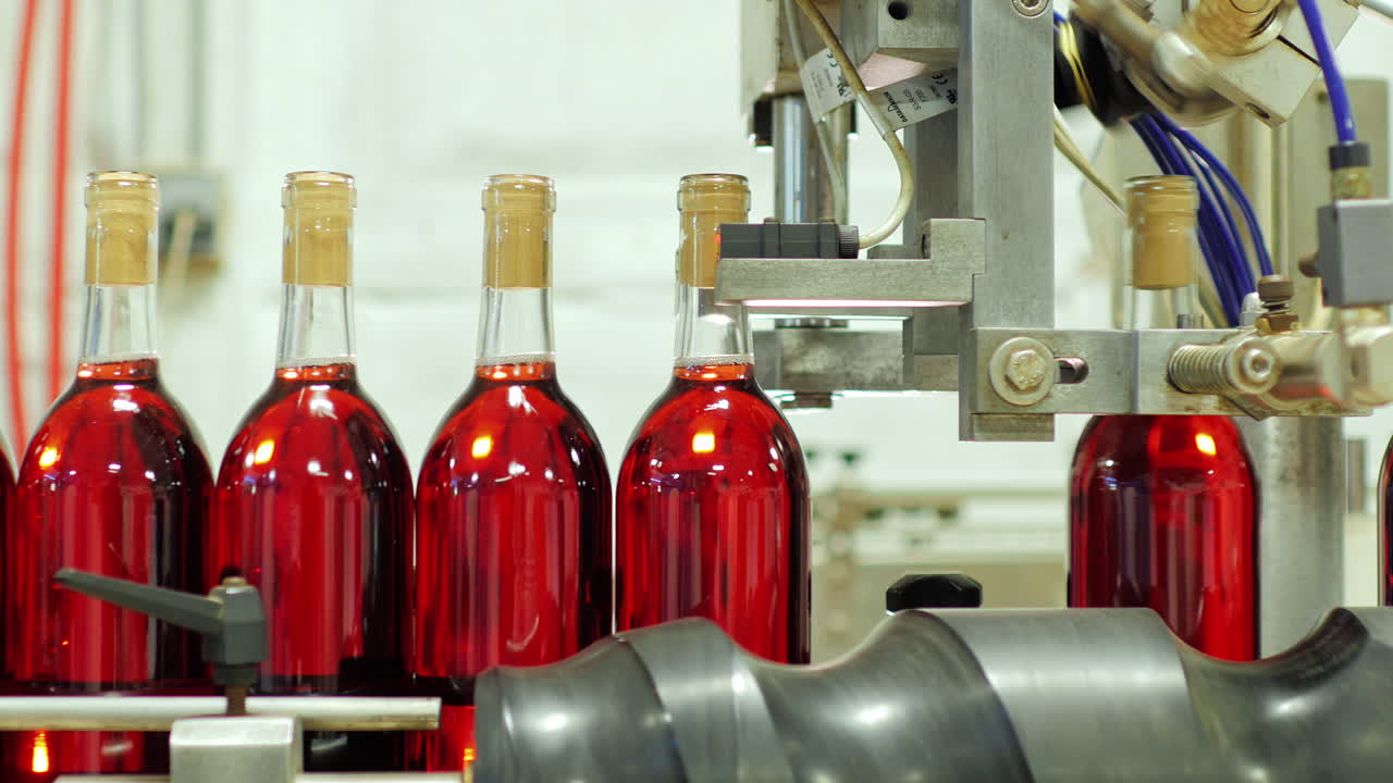 컨베이어 벨트에서 움직이는 레드 와인 병 15