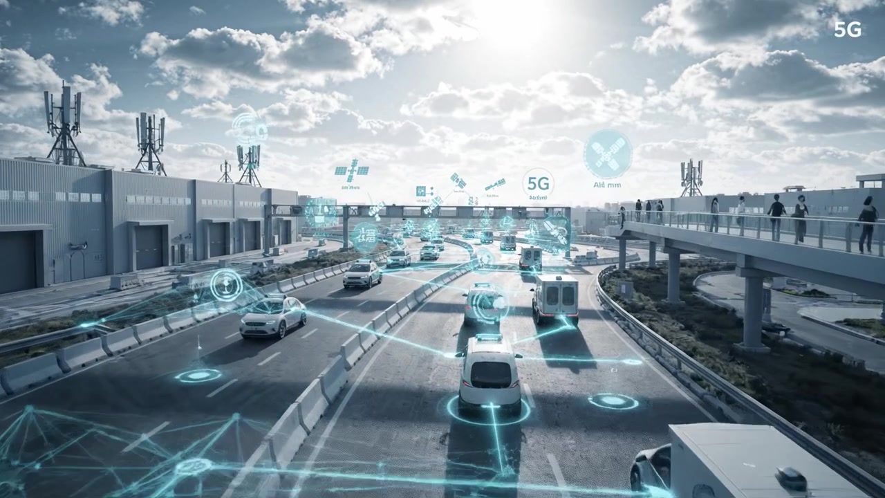 Scena autostradale futuristica con connettività 5G avanzata e veicoli che ritraggono una rete di trasporto intelligente in un contesto urbano