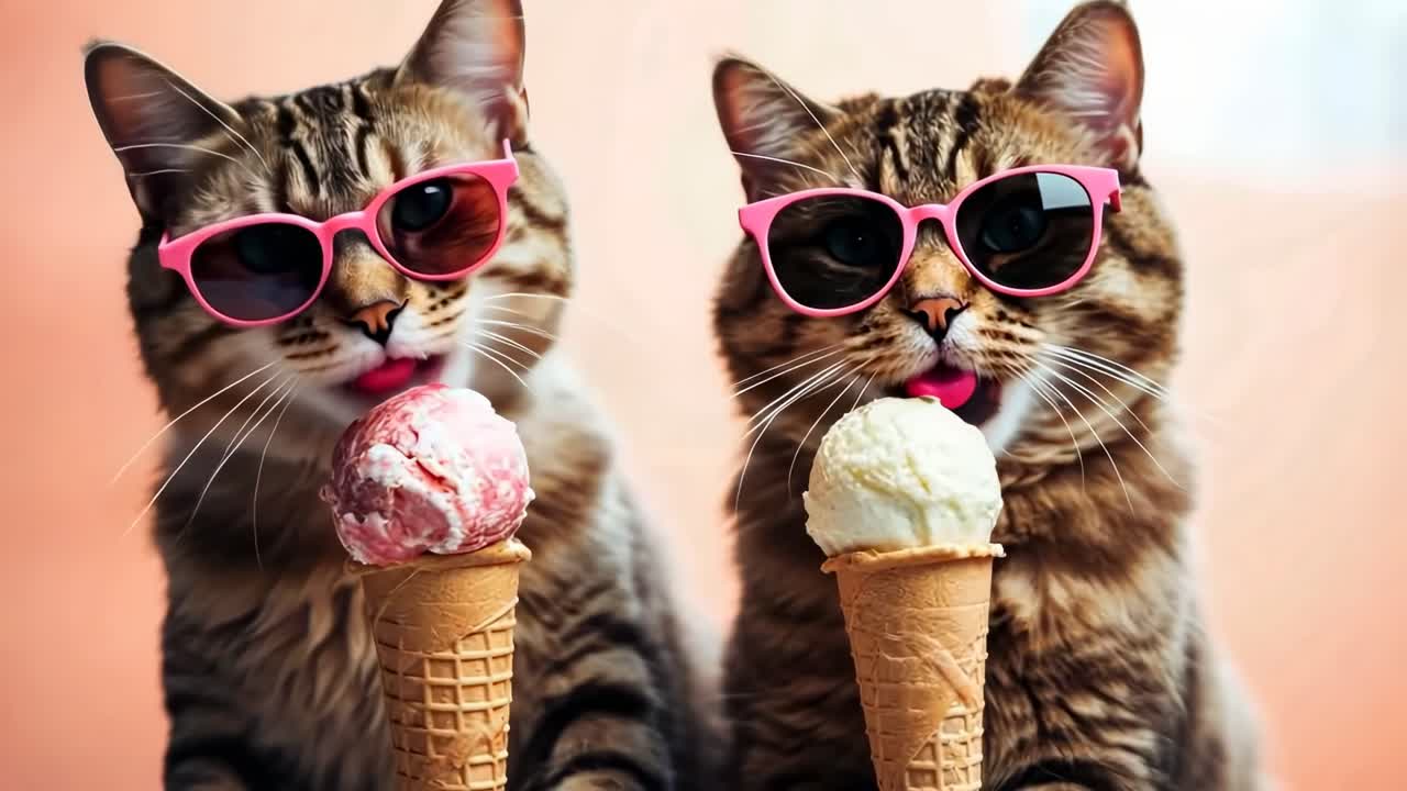 Two cats in pink sunglasses enjoy ice cream cones. Front-facing angle captures a playful, humorous
