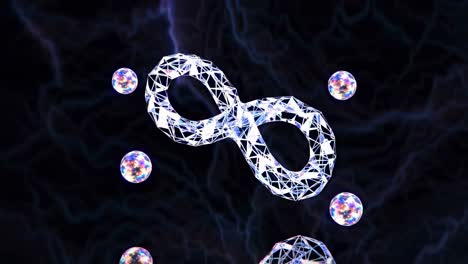 Glowing infinity symbol with low poly design and colorful spheres floating in a cosmic nebula, representing eternity, limitlessness, and the vastness of space