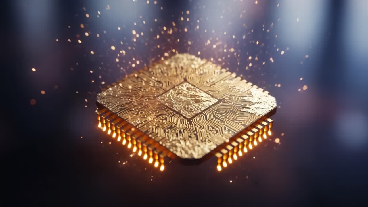 A Stunning Close-Up of a Golden Microchip, Showcasing Intricate Circuit Designs and Radiant Sparks, Emphasizing the World of Technology and Innovation in Computing