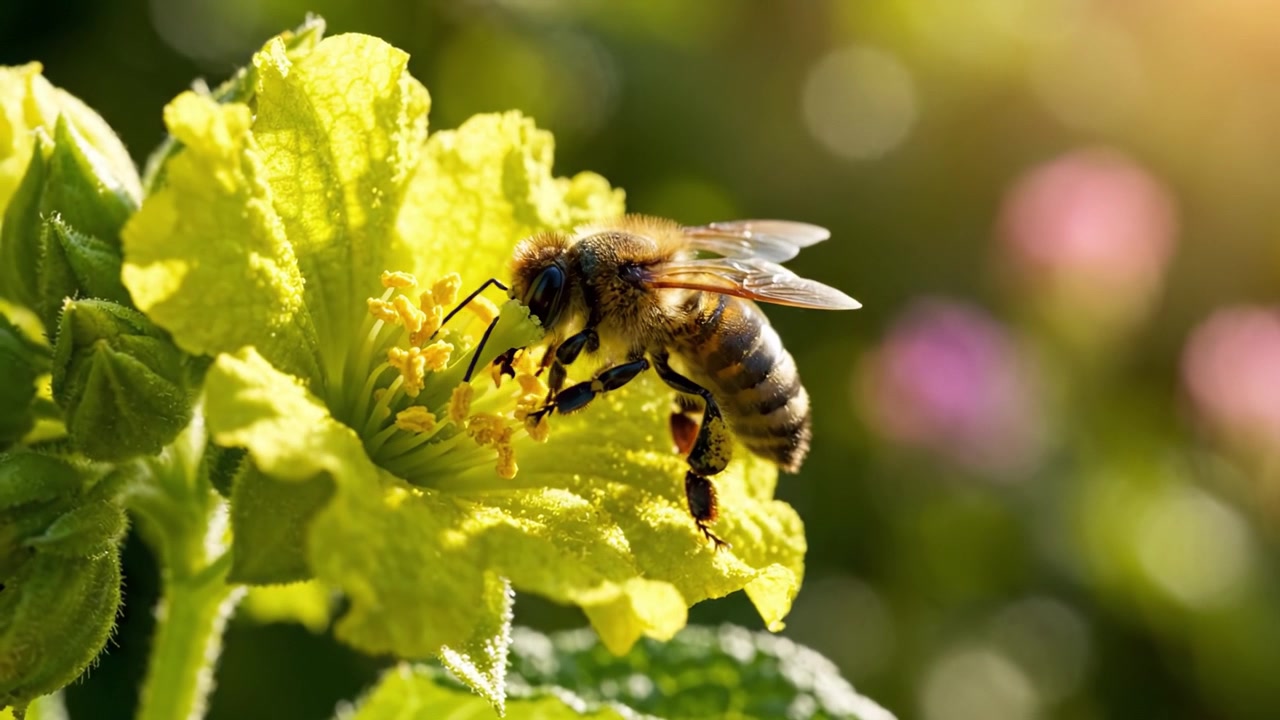 A honeybee diligently gathers nectar from a vibrant yellow flower in a sunlit garden, showcasing the intricate relationship between pollinators and blooming flora.