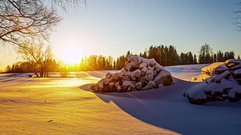 Wunderschöne-Verschneite-Wintersonnenuntergangslandschaft-Mit-Schneebedeckten-Holzstämmen