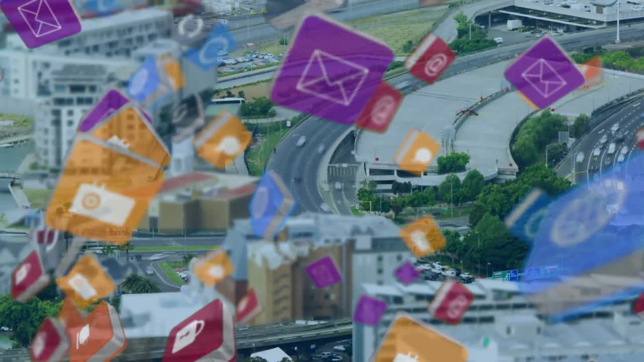 배경 에 도시 풍경 과 함께 떠오르는 다채로운 큐브