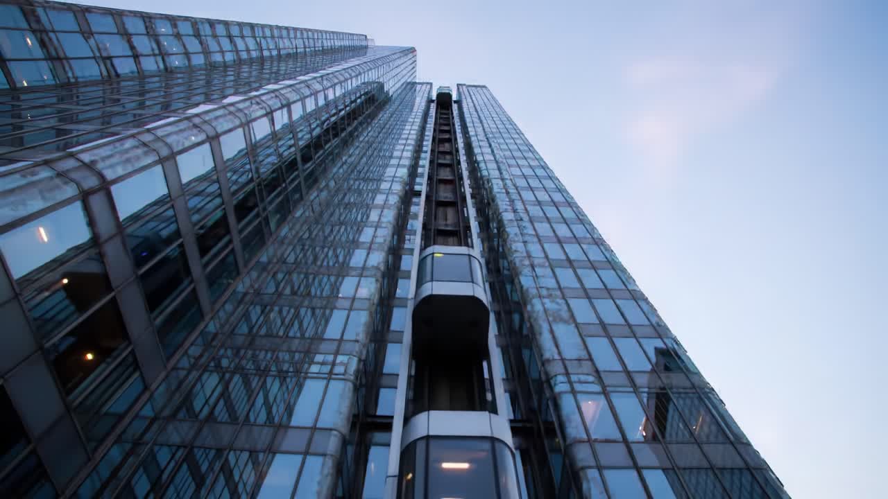 An elevator smoothly travels upward inside a sleek, glass skyscraper as evening light enhances the city skyline.