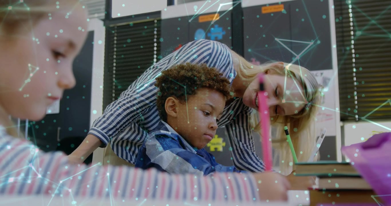 Teacher leaning over boy writing pointing guiding animated network linking students in education