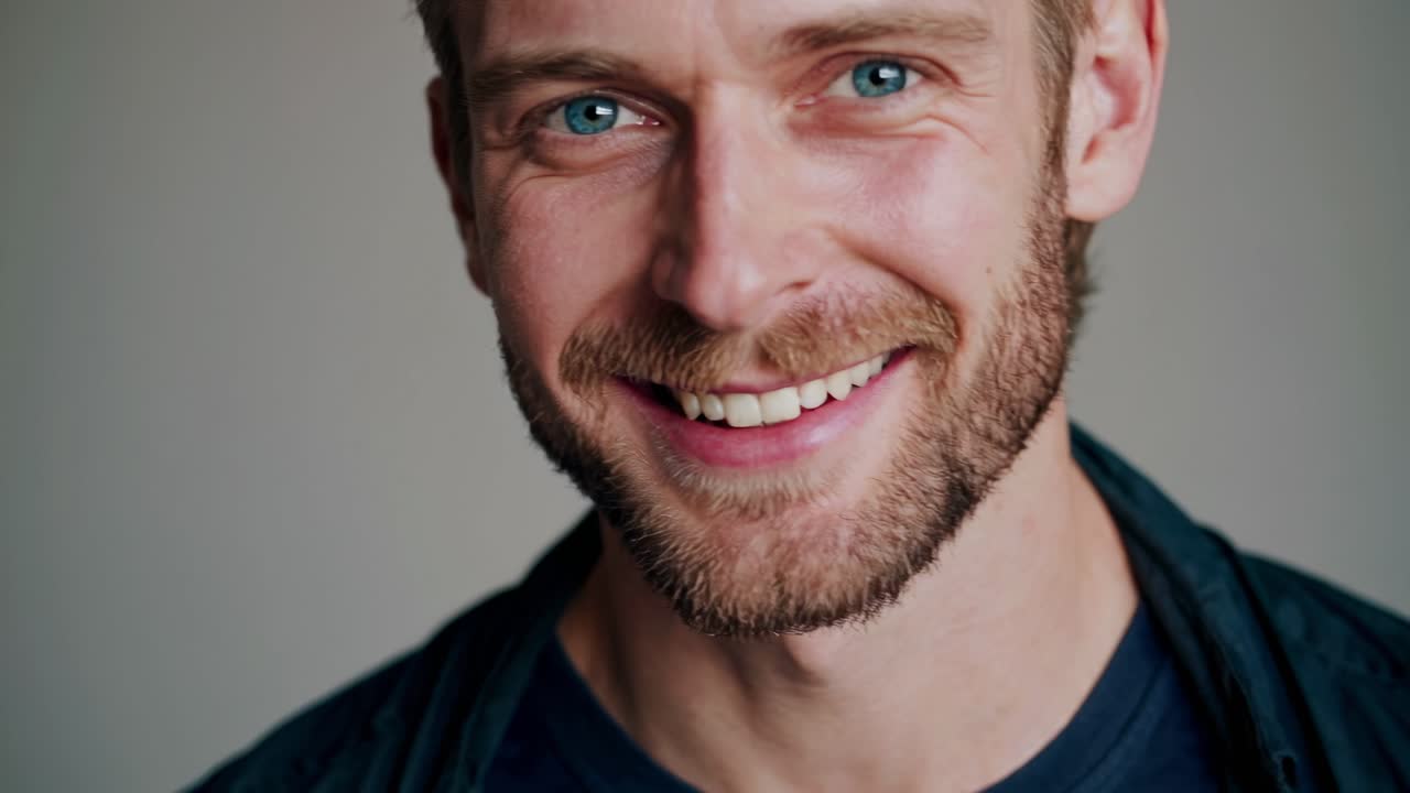 Close-up video portrait of a man with a neutral expression, captured from a straight-on angle
