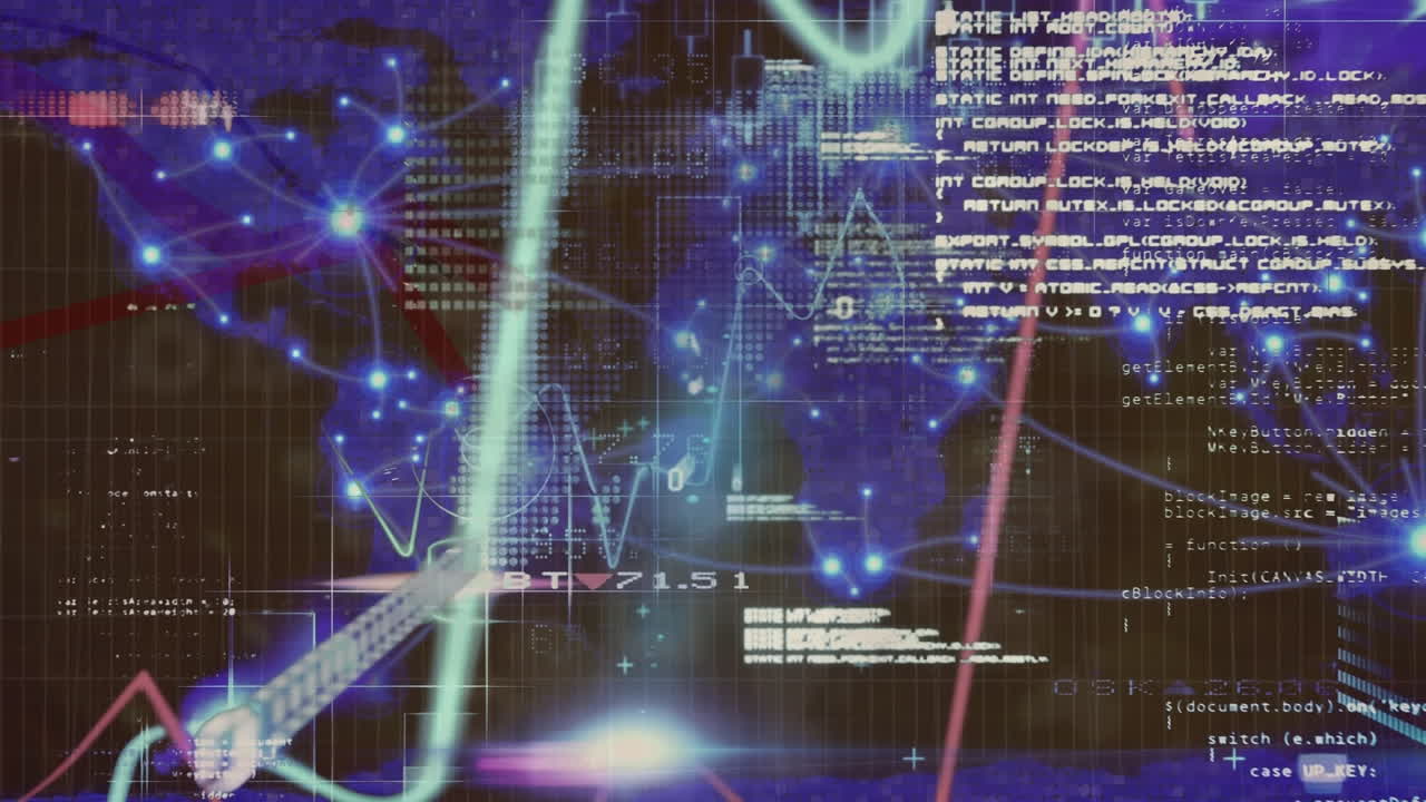 Animation of graphs and financial data over blue world map and black background