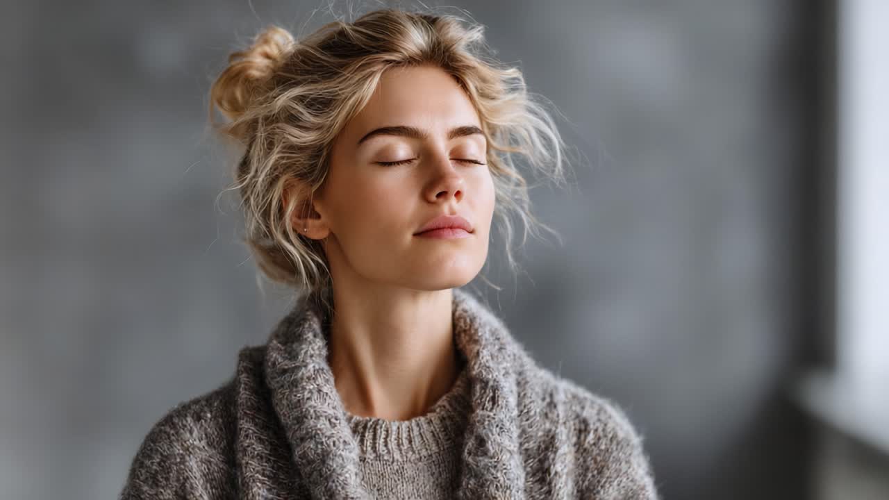 Una giovane donna con un comodo maglione è immersa in una profonda riflessione e contemplazione, mostrando una serie di emozioni, dalla serenità all'introspezione, in un ambiente minimalista