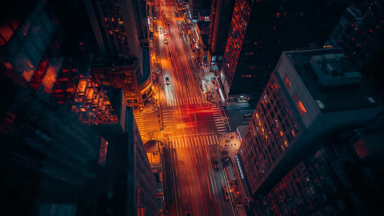 Cambio de semáforo, coches y furgoneta blanca cruzando una intersección del centro, faros reflejando