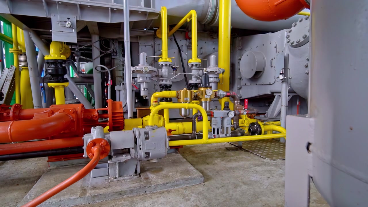 Potenti attrezzature moderne che pompano gas in una struttura officina industriale moderna, pulita e ordinata.