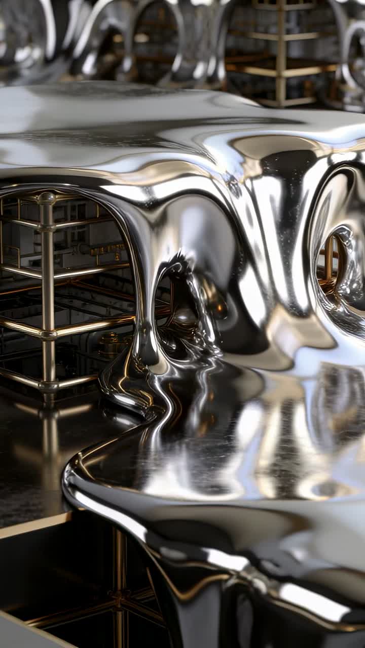 Vertikales Video: Fließendes Metallblech hängt durch ein goldenes Gitter auf einer Set-Plattform, von der Schwerkraft gezogen.