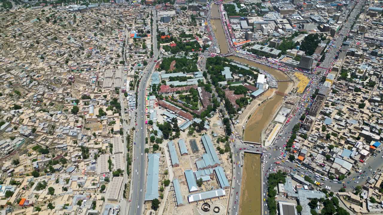 Drone Aerial of Kabul Afghanistan, Busy Traffic in city center