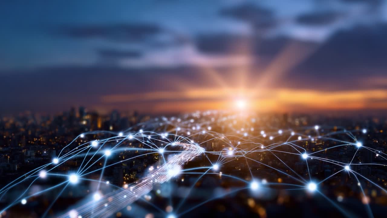 A Stunning Sunset Over a Cityscape Featuring Digital Network Connections Highlighting Technology and Connectivity in a Modern Urban Environment
