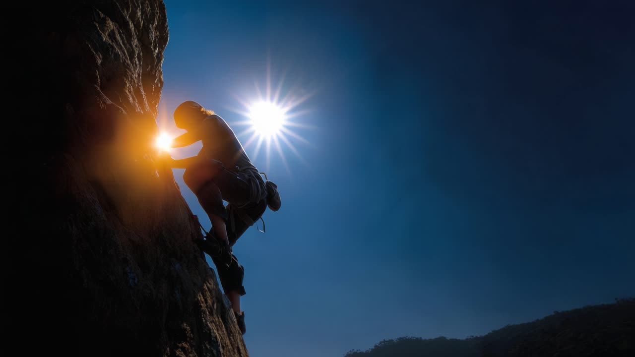 Determined climber ascending a steep rock face at dusk, showcasing strength and focus under the glow of the evening sun, conquering nature's challenges