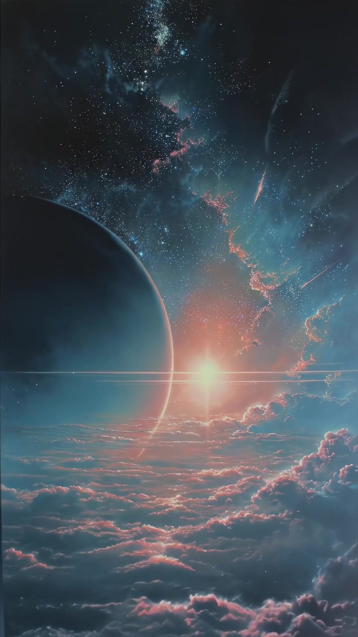 Cinematic View of a Planet Rising Over a Cloud-Filled Horizon