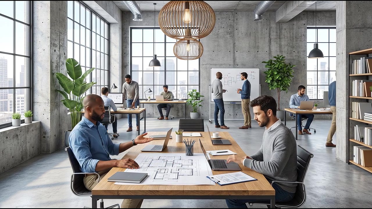 Business team collaborating around table during productive office discussion and planning