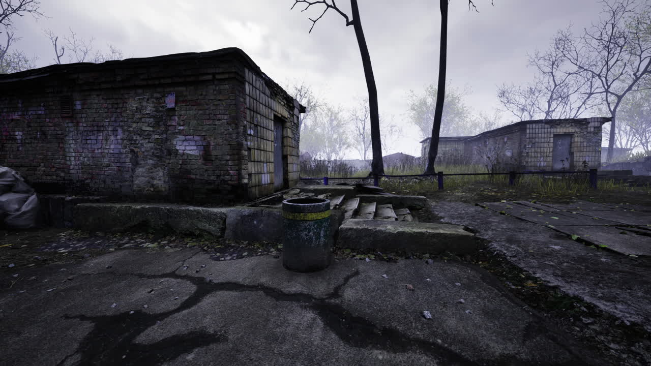 Abandoned structures overgrown by nature in a desolate landscape