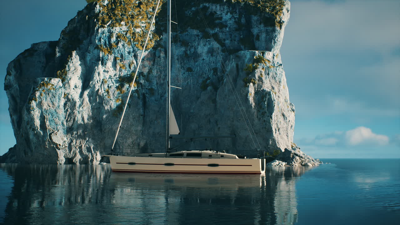yate en el mar con isla rocosa verde