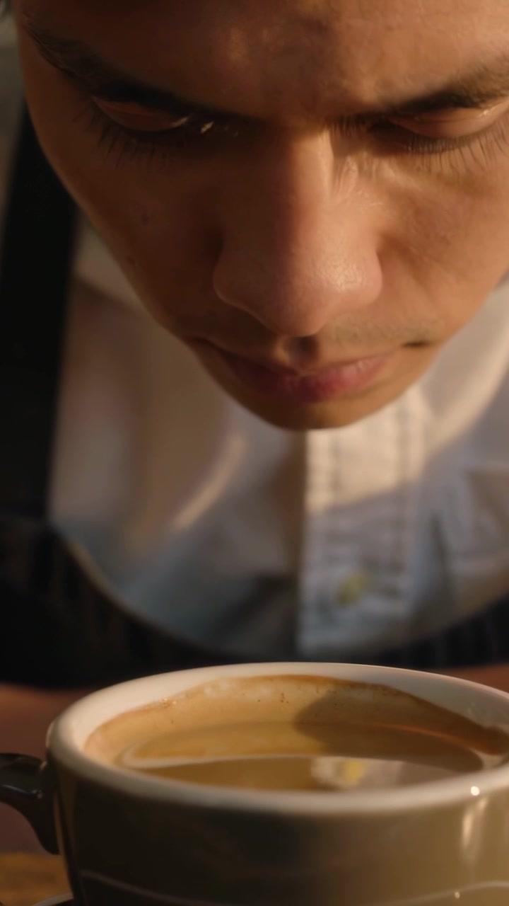 Video verticale: Barista che si china per ispezionare la tazza dopo la versata al bar, controllando la crema, indossando un grembiule.
