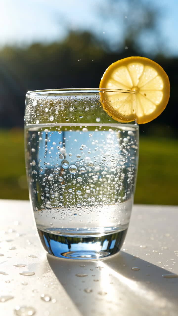 Refreshing Glass of Water with Lemon Outdoors
