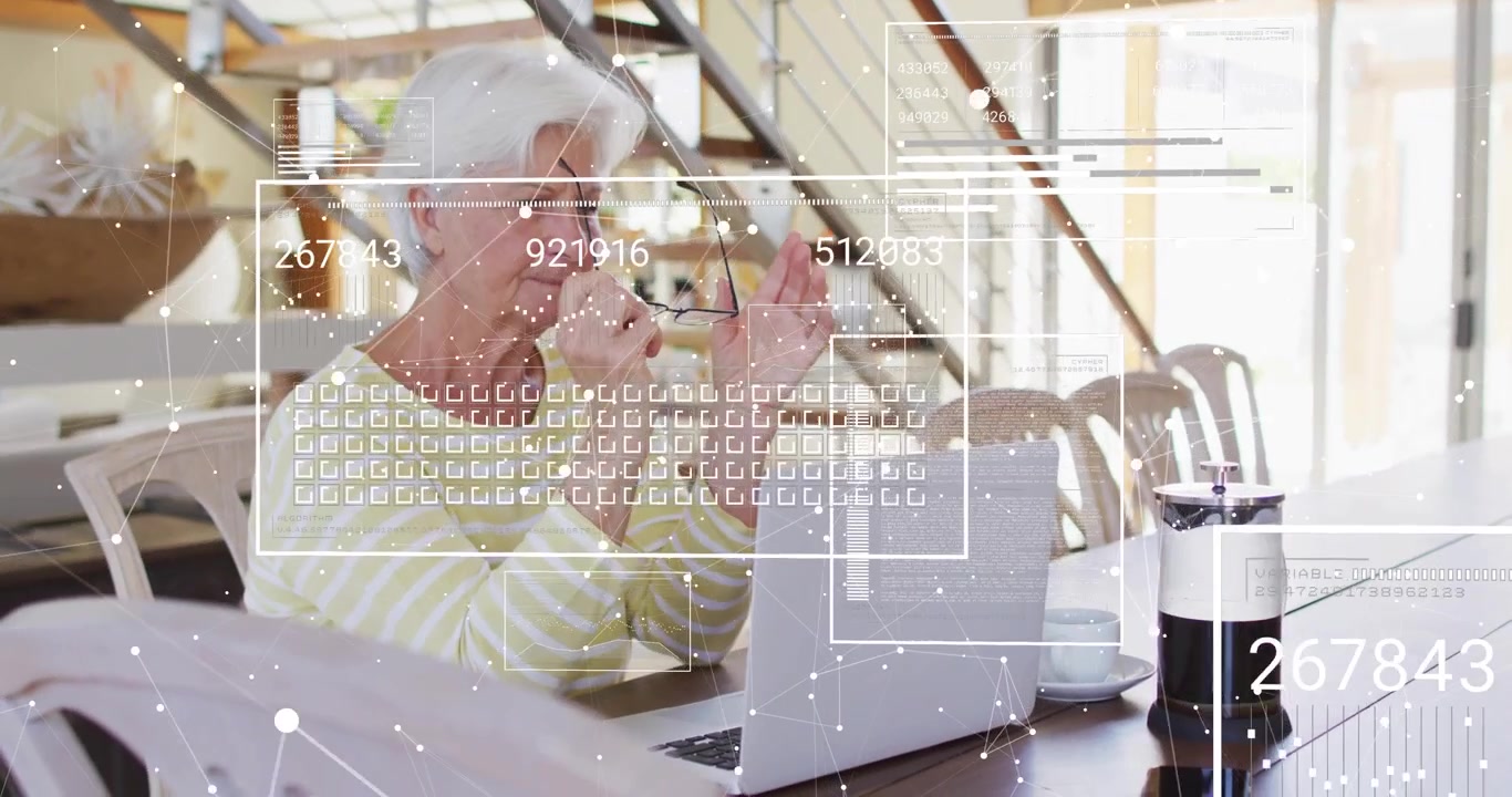 Senior woman lifting eyeglasses, initiating tech overlays, inspecting lenses for laptop clarity