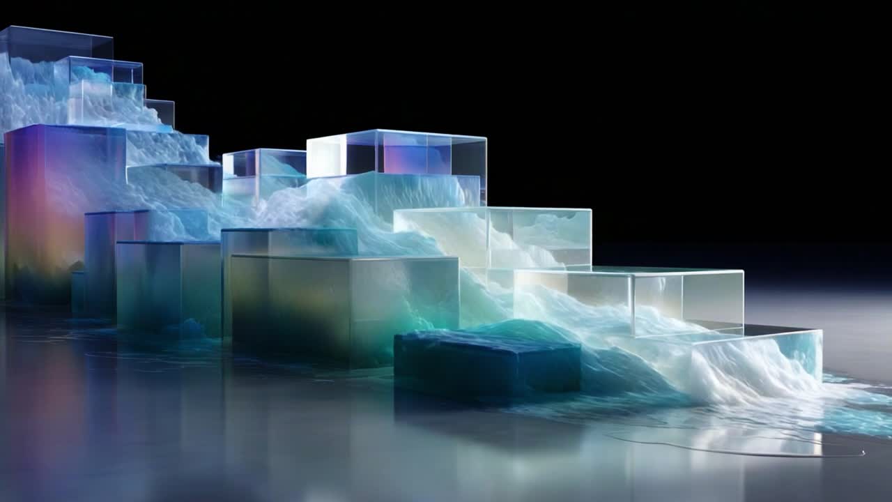 This mesmerizing sequence showcases a stunning visual of cascading water over transparent steps, illustrating the elegant interplay between light, color, and fluid dynamics in a captivating display