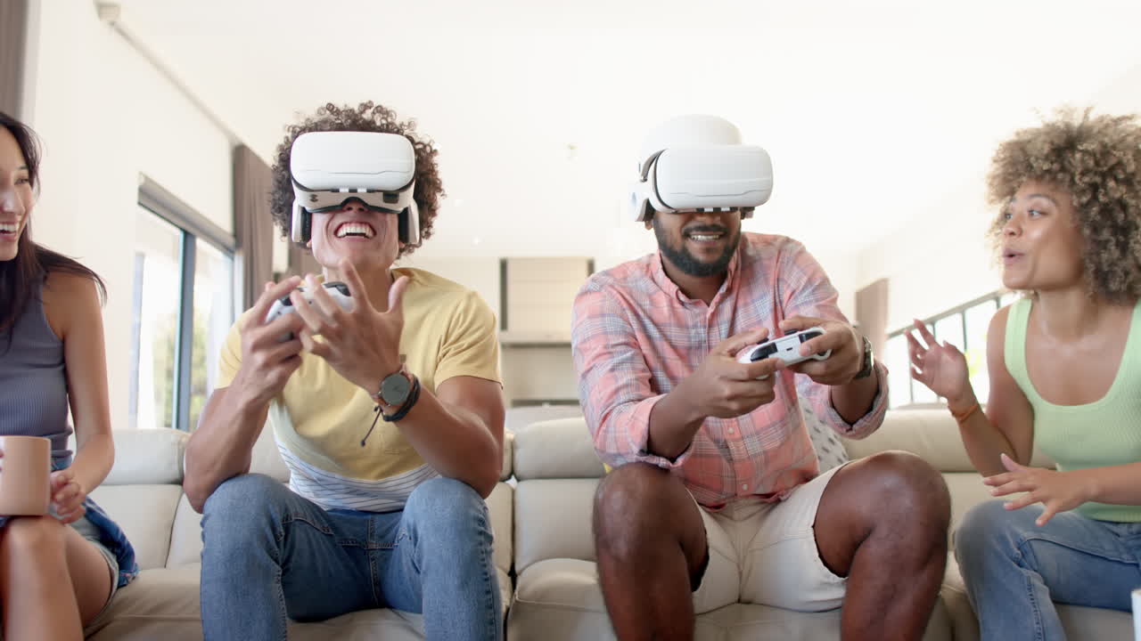 At home, Playing video games, diverse friends using VR headsets and controllers, enjoying hangout