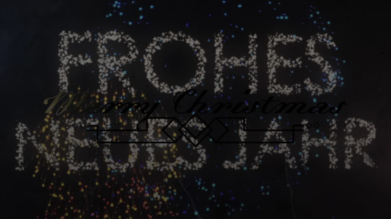 animación de felicitaciones de navidad y año nuevo texto sobre fuegos artificiales explotando