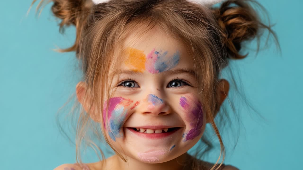 Un bambino vivace che sorride gioiosamente con il viso dipinto di colori vivaci su uno sfondo blu brillante, catturando l'essenza della giocosità e della creatività in un ambiente divertente.
