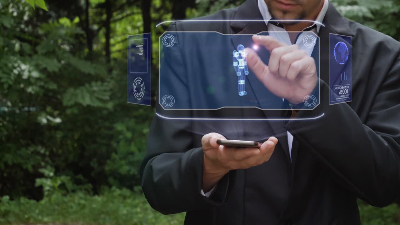 Businessman uses hologram with simple cyborg