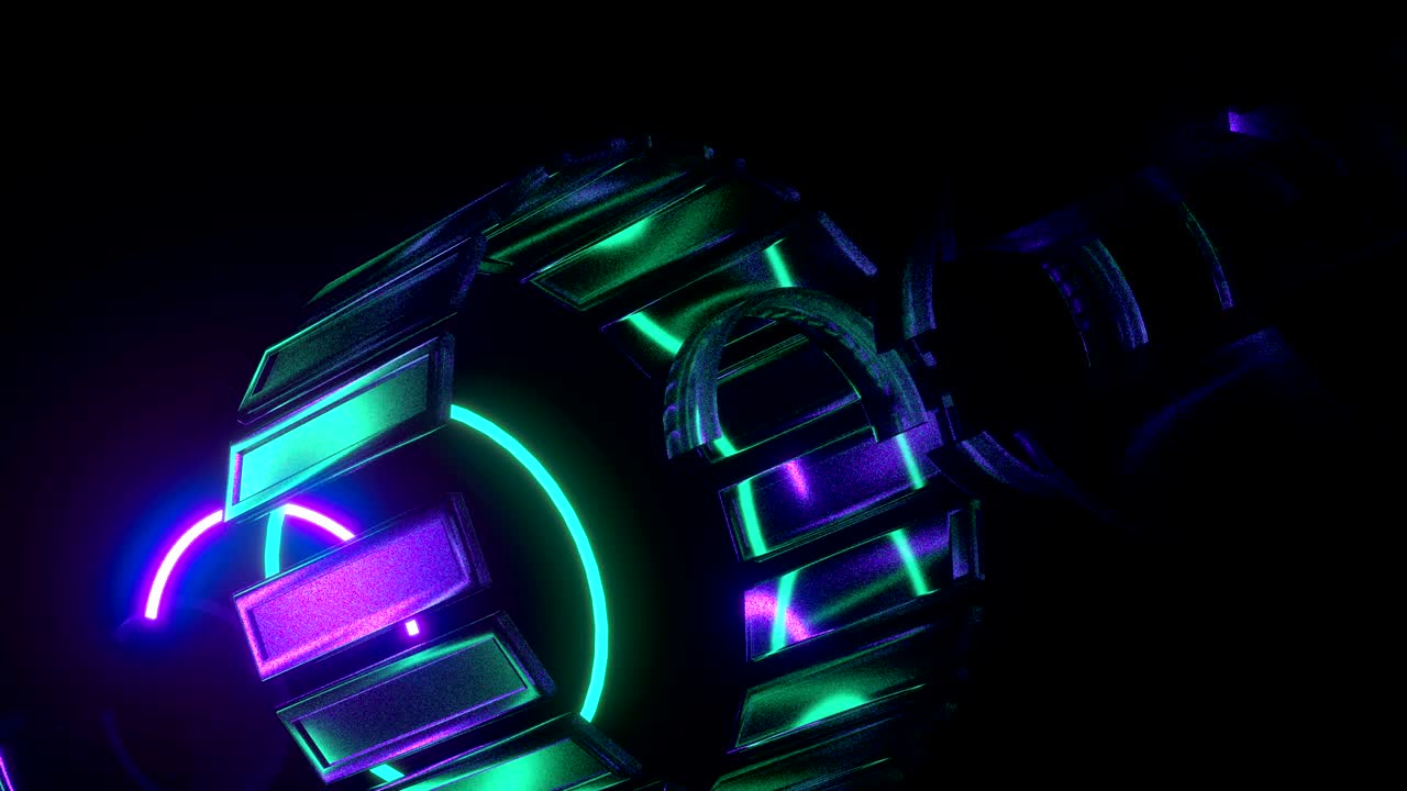Objekt der gløder i neonlys på en sort baggrund.