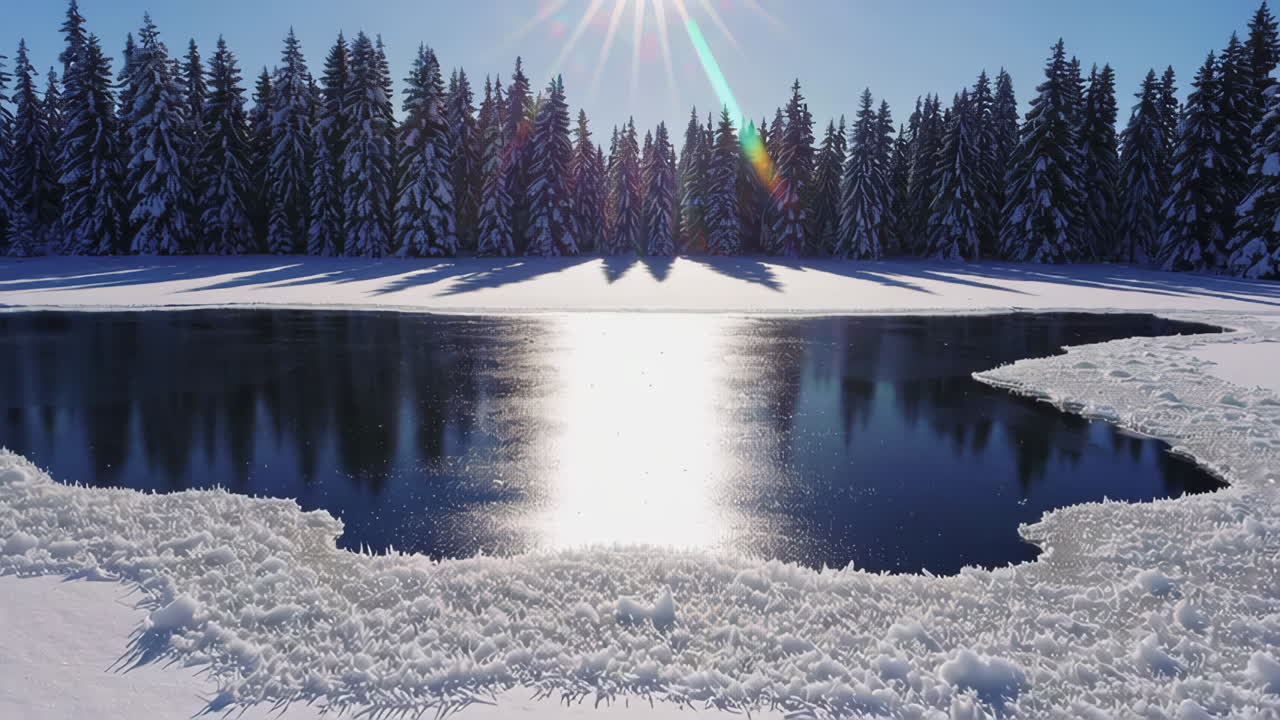 눈 덮인 숲에 얼어붙은 호수