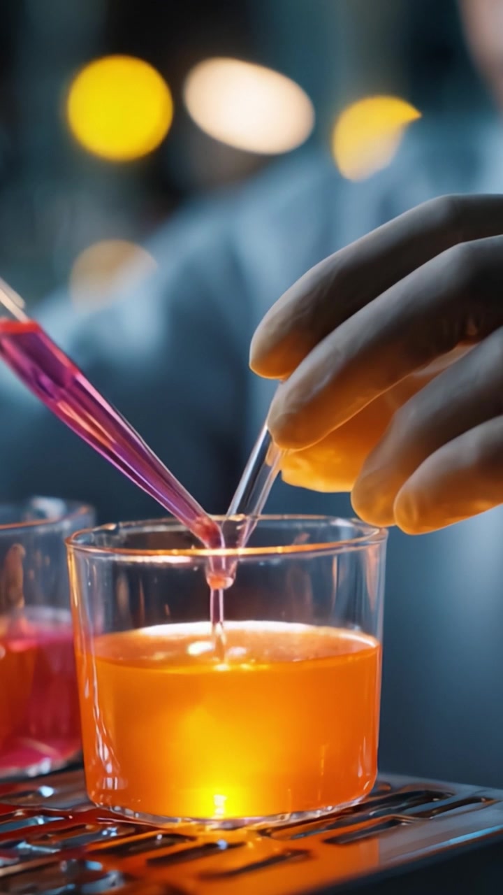 Una scena di laboratorio che mostra il momento preciso dell'aggiunta di un reagente a un liquido arancione brillante in un contenitore di vetro, evidenziando la sperimentazione e l'analisi scientifica.
